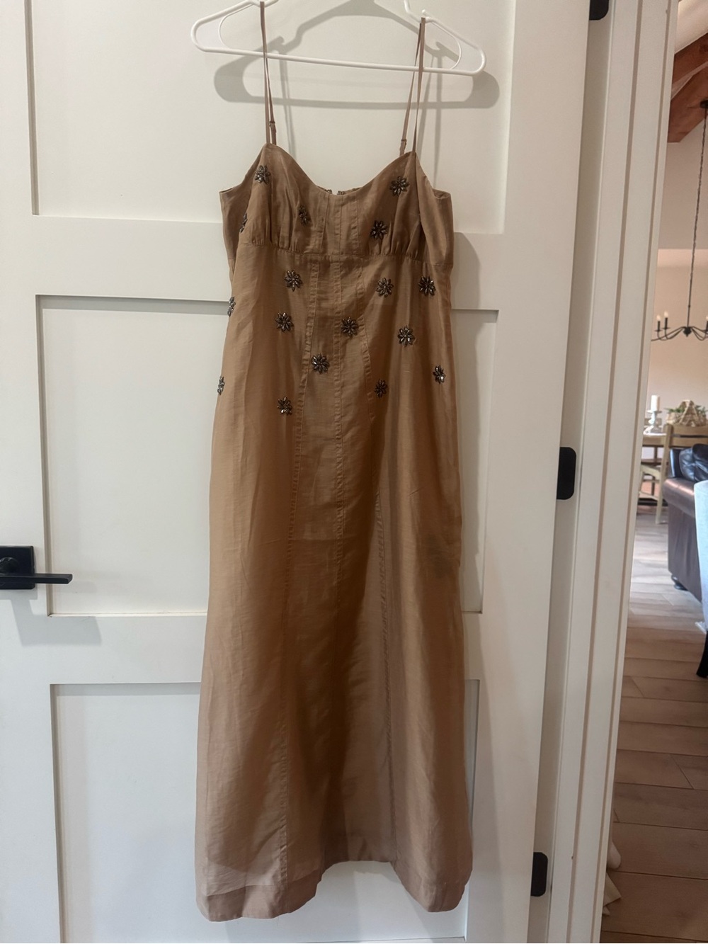 NWT H&M editions Beaded Spaghetti Strap Maxi Dress in Tan